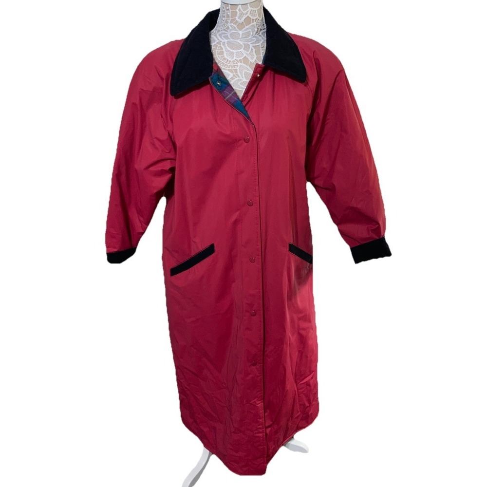 Misty Harbor Women's Vintage Red Plaid Lined Long Rain Coat  Slicker Size L